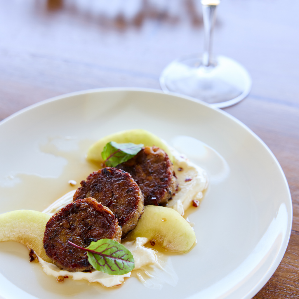Smoke Pork Rillett, labneh, compressed apple, maple chilli glaze.