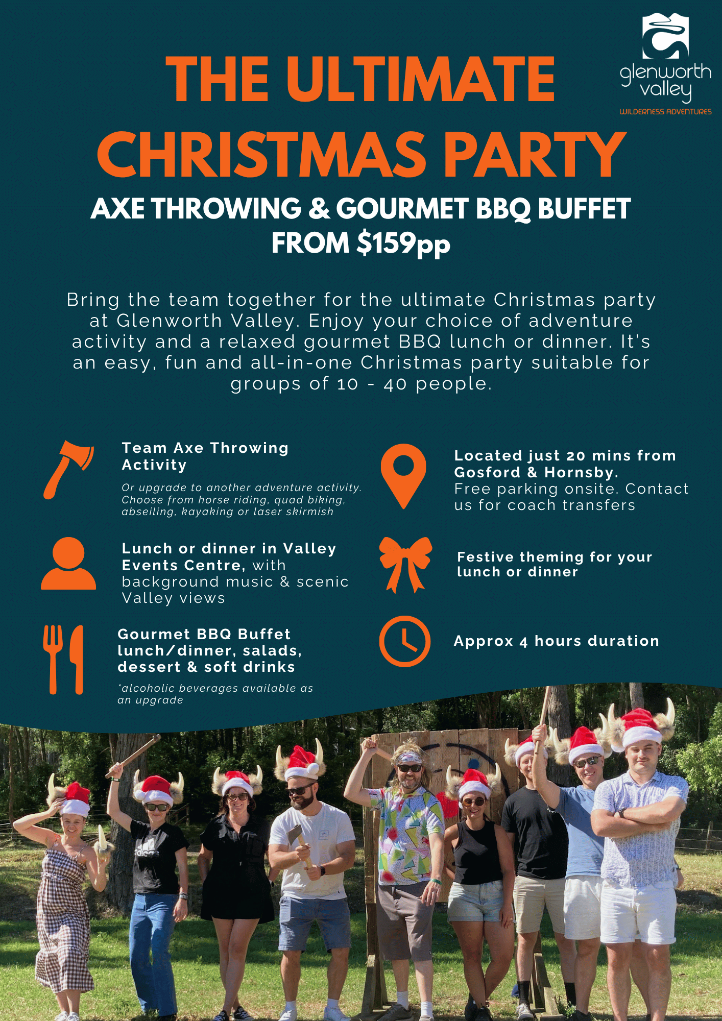 Glenworth valley christmas party. axe throwing and gourmet bbq buffet. Central coast christmas party venue